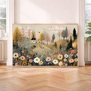 Whimsical Folk Art Landscape Print -Wildflower Wall Art -Vintage Countryside Decor -Printable Boho Wall Art -Instant Digital Download