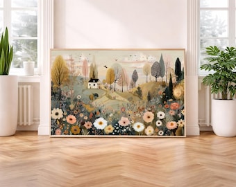 Whimsical Folk Art Landscape Print -Wildflower Wall Art -Vintage Countryside Decor -Printable Boho Wall Art -Instant Digital Download