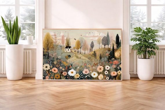 Whimsical Folk Art Landscape Print -Wildflower Wall Art -Vintage Countryside Decor -Printable Boho Wall Art -Instant Digital Download