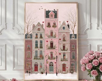 Valentines Day Folk Art Village Print -Whimsical Romantic Wall Art -Winter Cottagecore Decor -Digital Download