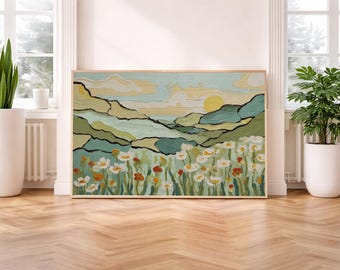Whimsical Landscape Print -Textured Floral Wall Art -Mid Century Modern Home Decor -Printable Digital Download