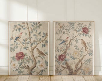 Chinoiserie Birds Print Set of 2 -Neutral Botanical Wall Art -Asian Decor -Japanese Tapestry Wall Art -Printable Digital Download