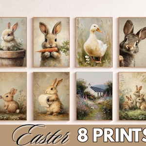 May include: Eight framed art prints with a vintage aesthetic. The prints feature watercolor illustrations of rabbits, a duck, and a cottage scene. The text "Easter 8 PRINTS" is displayed at the bottom.