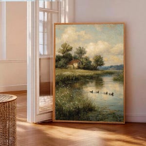 countryside print, river landscape, printable wall art, farmhouse decor, vintage art prints, oil painting, downloadable prints