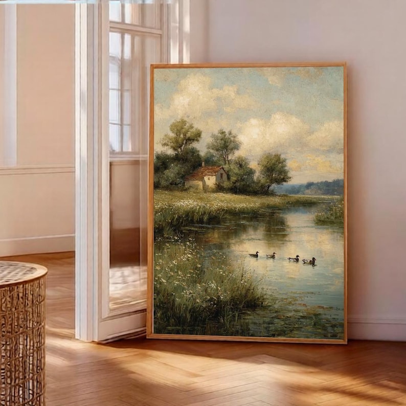 countryside print, river landscape, printable wall art, farmhouse decor, vintage art prints, oil painting, downloadable prints