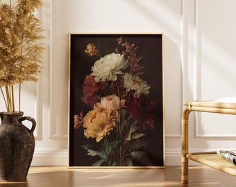 Moody Floral Print -Dark Botanical Wall Art -Vintage Farmhouse Decor -Victorian Antique Oil Painting -Printable Digital Download