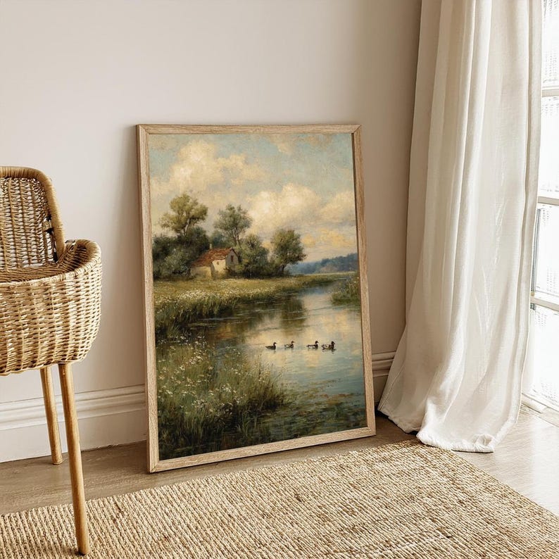 landscape print, cottagecore wall art, countryside print, river landscape, printable wall art, moody wall art, french country decor, lake wall art, digital download