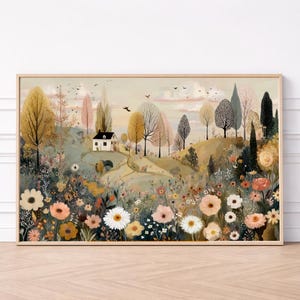 以下が含まれることがあります： 白い家、木々、花畑のある田園風景を描いた、額入りのアートプリント。 アートワークは、金、ピンク、緑などの柔らかな色使いです。 プリントは木製のフレームに入っており、穏やかで魅力的なシーンを作り出しています。