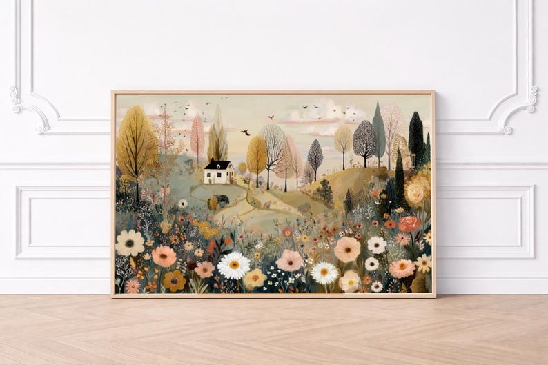 以下が含まれることがあります： 白い家、木々、花畑のある田園風景を描いた、額入りのアートプリント。 アートワークは、金、ピンク、緑などの柔らかな色使いです。 プリントは木製のフレームに入っており、穏やかで魅力的なシーンを作り出しています。