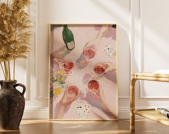 Girls Night Still Life Print -Pastel Rose Wine Wall Art -Cheers Art Print -Poker Night Decor -Printable Digital Download