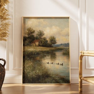 Countryside River Landscape Print -Vintage Cottagecore Wall Art -Rustic Farmhouse Decor -Printable Instant Digital Download