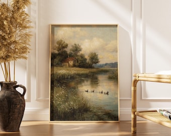 Countryside River Landscape Print -Vintage Cottagecore Wall Art -Rustic Farmhouse Decor -Printable Instant Digital Download