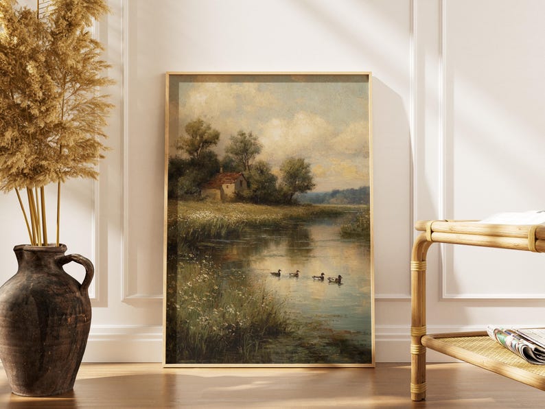 Countryside River Landscape Print -Vintage Cottagecore Wall Art -Rustic Farmhouse Decor -Printable Instant Digital Download