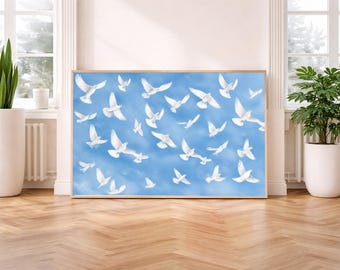 Flock of White Birds Print -Minimalist Coastal Wall Art -Dreamy Beach House Decor -Printable Digital Download