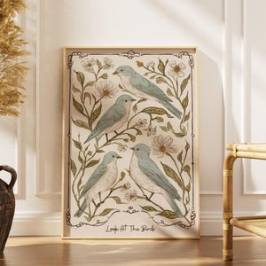 Impresión de pájaros vintage con versículos bíblicos - Arte mural religioso "Mira los pájaros" - Impresión de arte popular - Decoración cottagecore - Descarga digital imprimible