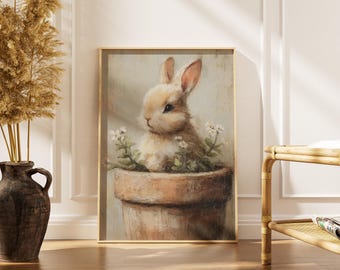 Vintage Easter Bunny Print -Floral Rabbit Wall Art -Woodland Nursery Printable Wall Art -Rustic Farmhouse Decor -Digital Download