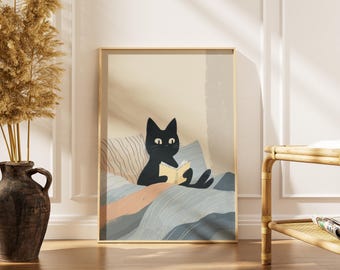 Cat Reading Book Print -Minimalist Wall Art -Cat Bedroom Art -Book Nook Decor -Book Lover Gifts -Printable Instant Digital Download