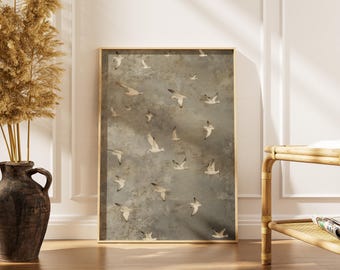 Birds in Flight Print -Vintage Minimalist Textured Wall Art -Flock of Birds Print -Neutral Cottagecore Decor -Printable Digital Download