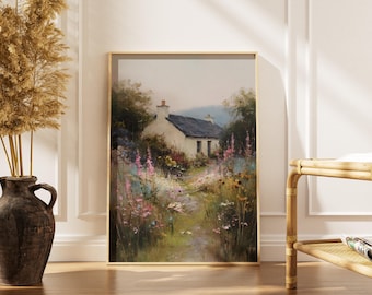Cottage Garden Countryside Print -Spring Wildflower Wall Art -Vintage Cottagecore Decor -Printable Landscape Painting -Digital Download