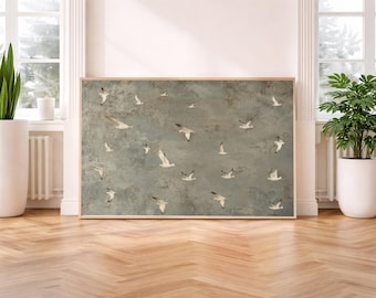 Birds in Flight Print -Vintage Minimalist Textured Wall Art -Flock of Birds Print -Neutral Cottagecore Decor -Printable Digital Download
