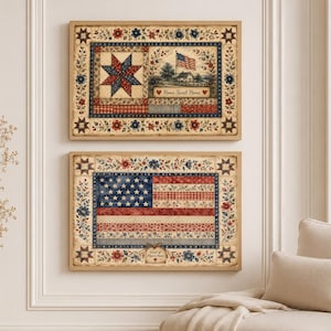 May include: Two framed patriotic wall art pieces. The top frame features a star and a landscape with a flag, the text "Home Sweet Home". The bottom frame displays the American flag. Both have floral borders.