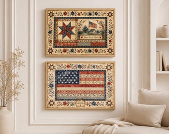 Floral American Flag Art Print Set of 2 -4th of July Patriotic Wall Art -Rustic Cottagecore Decor -Printable Digital Download