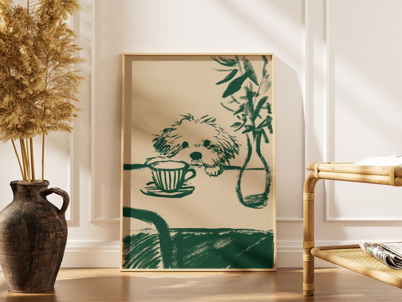 Minimalist Sneaky Dog Print -Abstract Coffee Wall Art -Funny Kitchen Art -Moody Breakfast Print -Animal Sketch -Printable Digital Download
