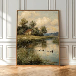 landscape print, cottagecore wall art, countryside print, river landscape, printable wall art, farmhouse decor, vintage art prints, oil painting, downloadable prints, moody wall art, french country decor, lake wall art, digital download