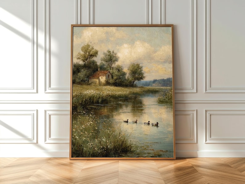 landscape print, cottagecore wall art, countryside print, river landscape, printable wall art, farmhouse decor, vintage art prints, oil painting, downloadable prints, moody wall art, french country decor, lake wall art, digital download