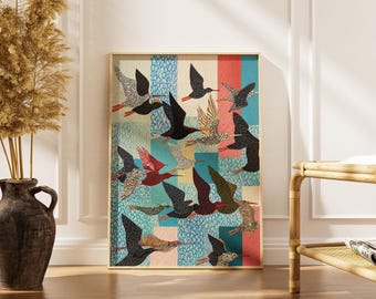 Whimsical Birds Print -Mixed Media Textile Wall Art -Colorful Crane Folk Art Print -Modern Scandinavian Decor -Printable Digital Download