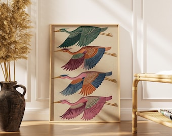 Colorful Birds in Flight Print -Mid Century Modern Heron Wall Art -Boho Home Decor -Folk Art Print -Printable Digital Download