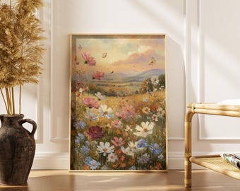 Wildflower Meadow Print -Vintage Spring Wall Art -Impressionist Oil Painting -Farmhouse Decor -Printable Digital Download