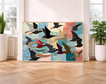 Whimsical Birds Print -Mixed Media Textile Wall Art -Colorful Crane Folk Art Print -Modern Scandinavian Decor -Printable Digital Download