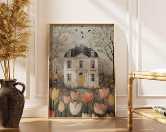Whimsical Cottage Landscape Print -Spring Floral Wall Art -Folk Art Print -French Country Decor -Printable Digital Download
