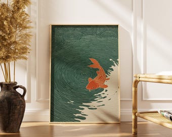 Japanese Koi Fish Wall Art -Textured Woodblock Print -Fish Swimming Poster -Modern Home Decor -Printable Digital Download