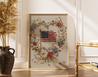 Vintage American Flag Art Print -4th of July Farmhouse Wall Art -Patriotic Americana Decor -Floral Wreath Print -instant Digital Download