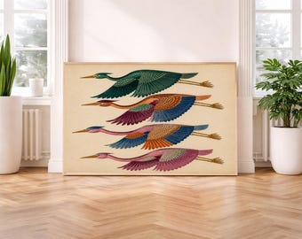 Colorful Birds in Flight Print -Mid Century Modern Heron Wall Art -Boho Home Decor -Folk Art Print -Printable Digital Download
