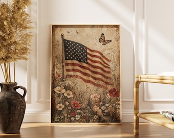 Vintage American Flag Art Print -4th of July Wildflower Wall Art -Rustic Farmhouse Decor -Patriotic Summer Printable  -Digital Download