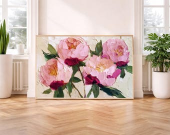 Pink Peonies Floral Print -Minimalist Textured Wall Art -Impasto Painting -Modern Home Decor -Printable Digital Download
