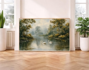 Vintage Swan in River Landscape Print -Romantic Lake Wall Art -Moody Farmhouse Decor -Printable Digital Download