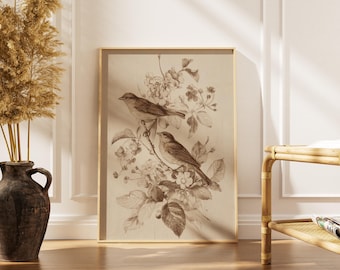 Antique Floral Birds Print -Neutral Wall Art -French Country Farmhouse Decor -Printable Wall Art -Instant Digital Download