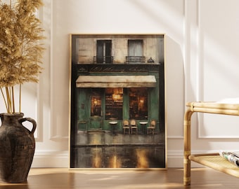 Vintage Parisian Cafe Print -Moody Wall Art Oil Painting -Rustic Cottagecore Decor -Printable Digital Download