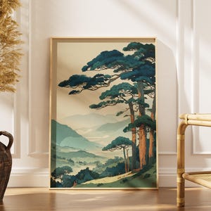 Tree Scene Vintage Japanese Forest Print -Tranquil Mountain Landscape Wall Art -Modern Home Decor -Digital Download
