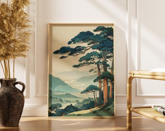 Tree Scene Vintage Japanese Forest Print -Tranquil Mountain Landscape Wall Art -Modern Home Decor -Digital Download