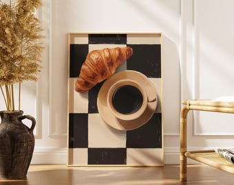 Checkered Coffee and Croissant Print -Retro Kitchen Wall Art -Coffee Cafe Decor -Moody Breakfast Print -Printable Digital Download