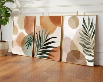 Abstract Botanical Prints Set of 3 -Boho Wall Art with Earthy and Green Tones -Minimalist Modern Home Decor -Printable Digital Download
