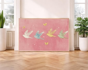 Whimsical Birds and Butterfly Print -Abstract Wall Art -Dreamy Aesthetic Room Decor -Girly Printable Digital Download