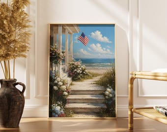 4th of July Patriotic Coastal Print -American Flag Art -Beach House Decor -Hydrangea Ocean Painting -Printable Wall Art -Digital Download