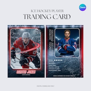May include: Two ice hockey trading cards featuring player Carter Jones. One card shows Jones in a red uniform, the other in blue. The cards have a red and white border with the text "ICE HOCKEY PLAYER TRADING CARD".