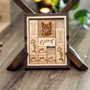 Gift for Cat Lovers – The Great Cat Escape Puzzle, Handmade Wooden Brain Teaser for Desk or Coffee Table
